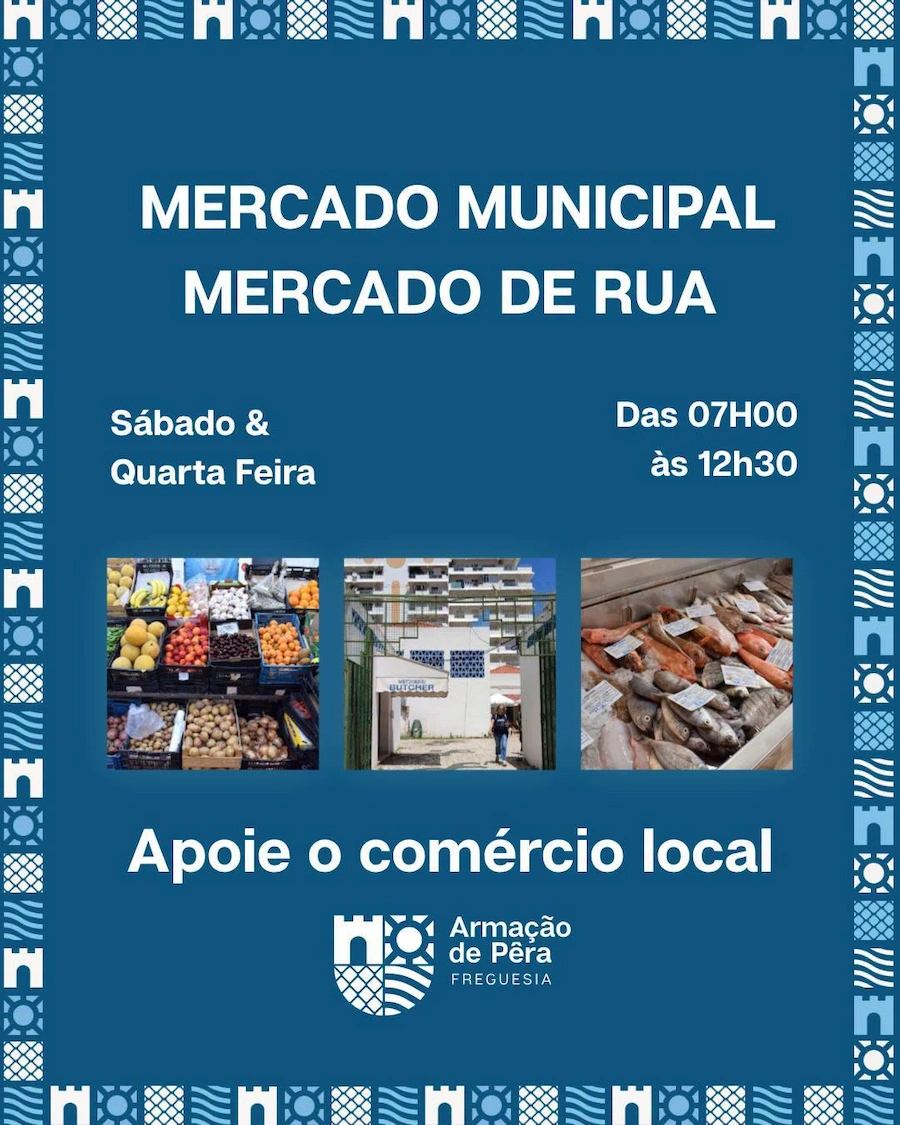 Publicação da Junta de Freguesia de Armação de Pêra sobre o Mercado Municipal e o mercado de rua